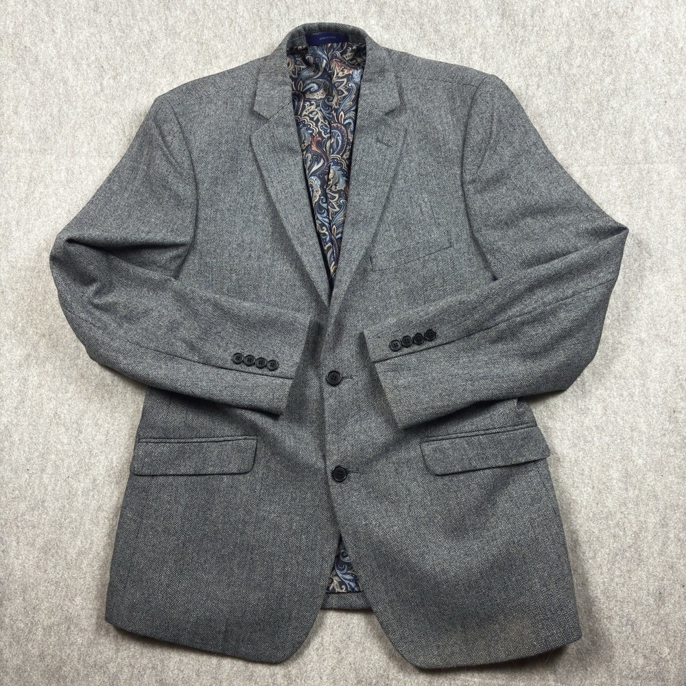 ALAN FLUSSER Paisley Lined Wool Blend Sport Coat Mens M Gray Herringbone Blazer